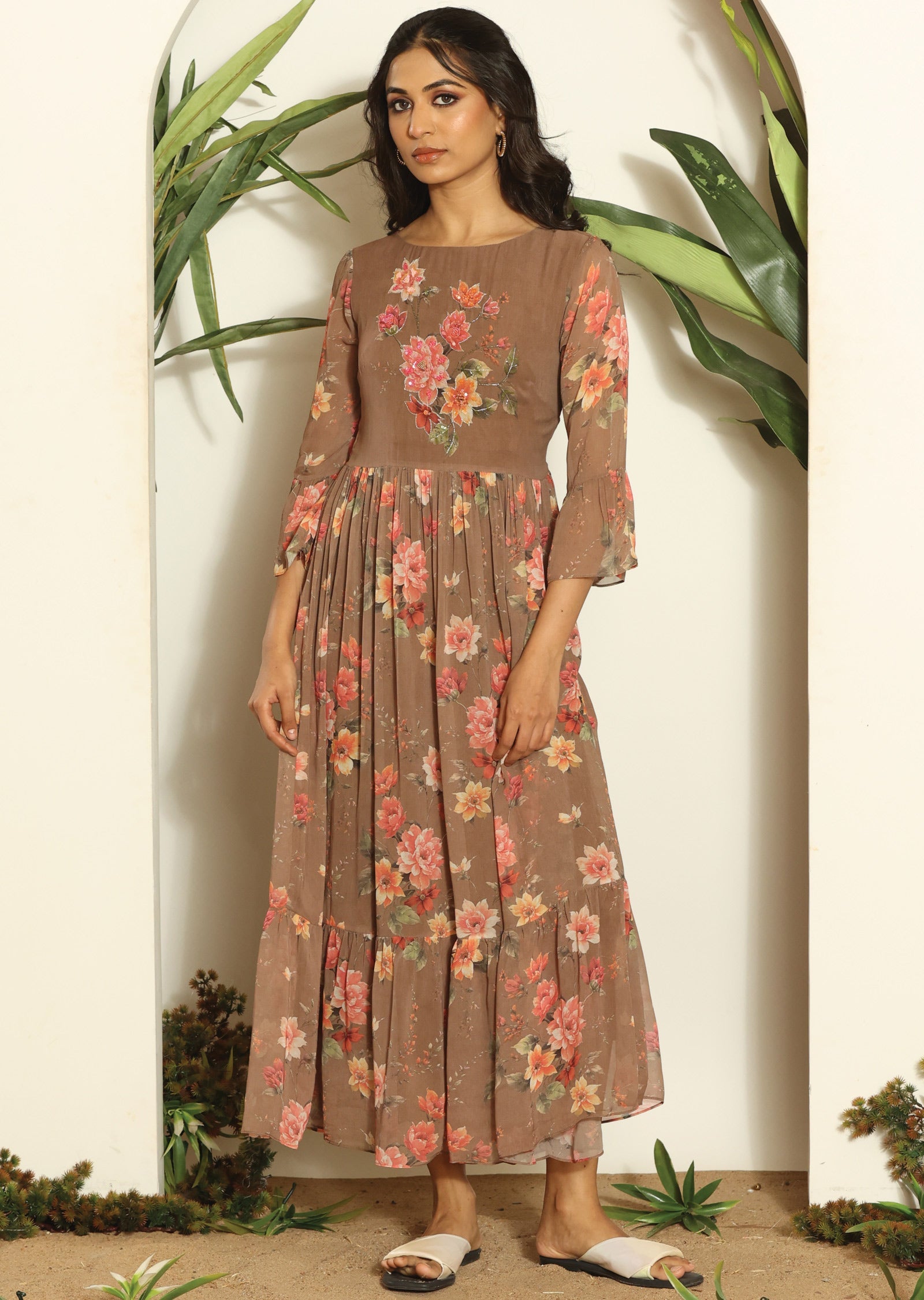 Brown Georgette Long Dress