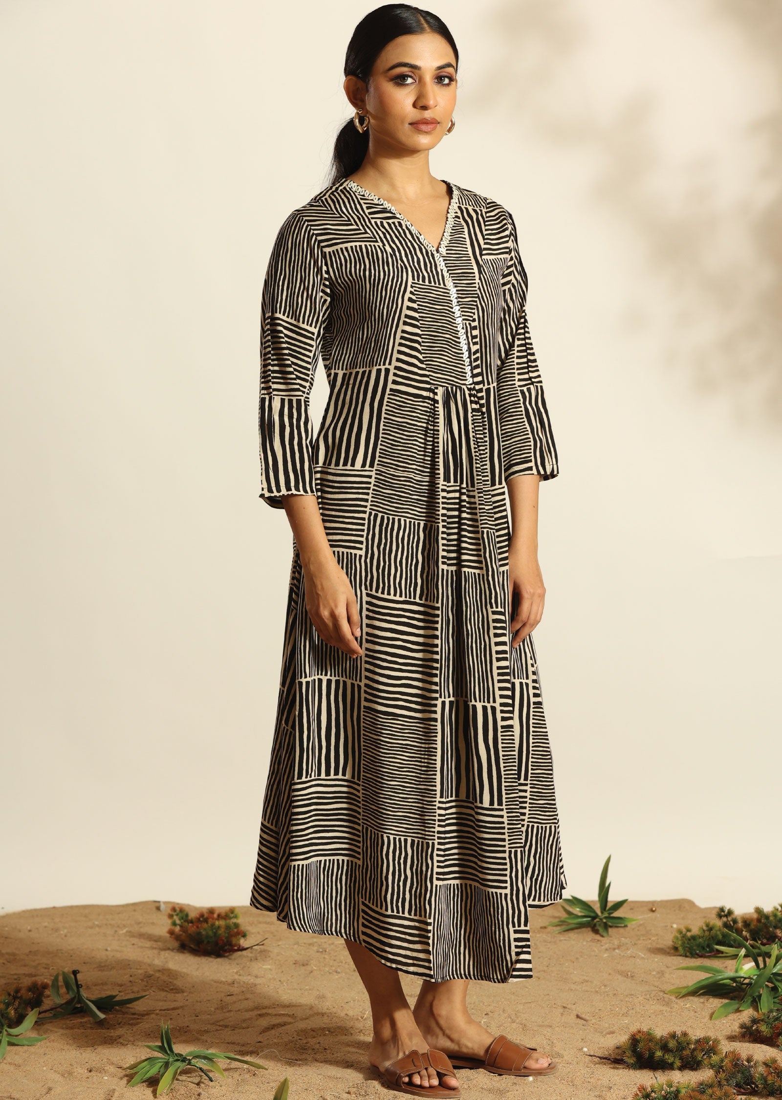 Black & Beige Russian Silk Long Dress