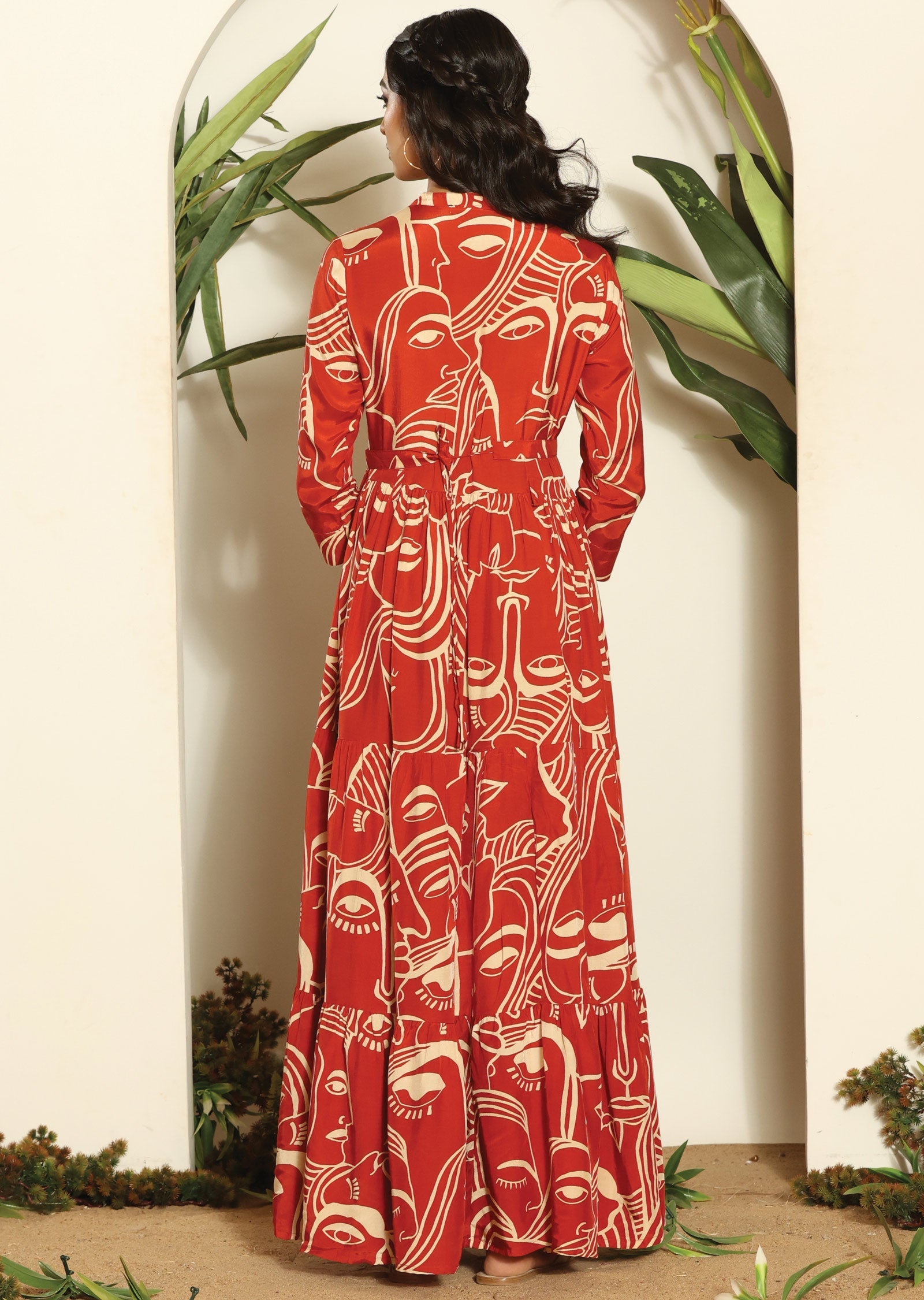 Rust & Beige Russian Silk Long Dress