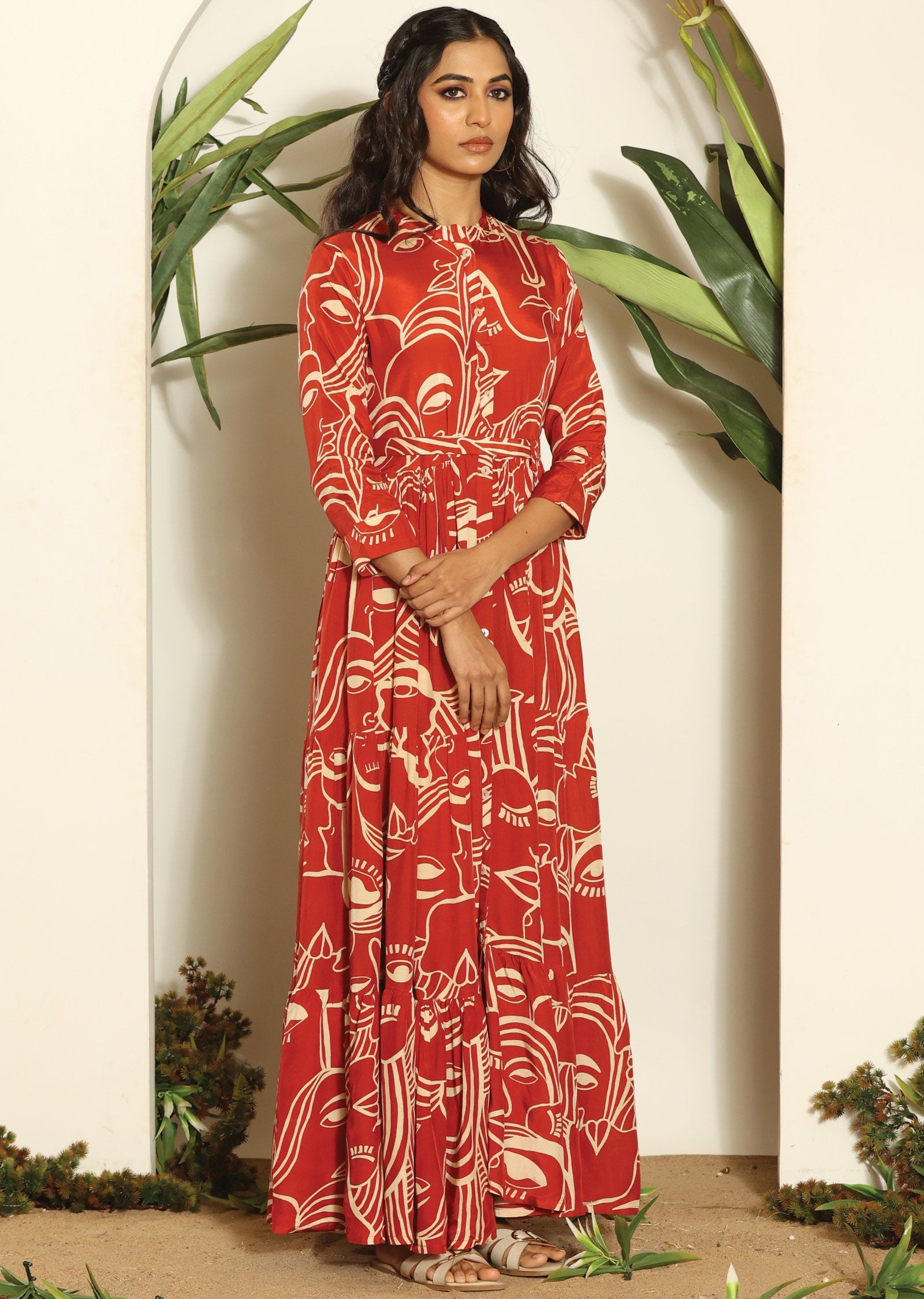 Rust & Beige Russian Silk Long Dress