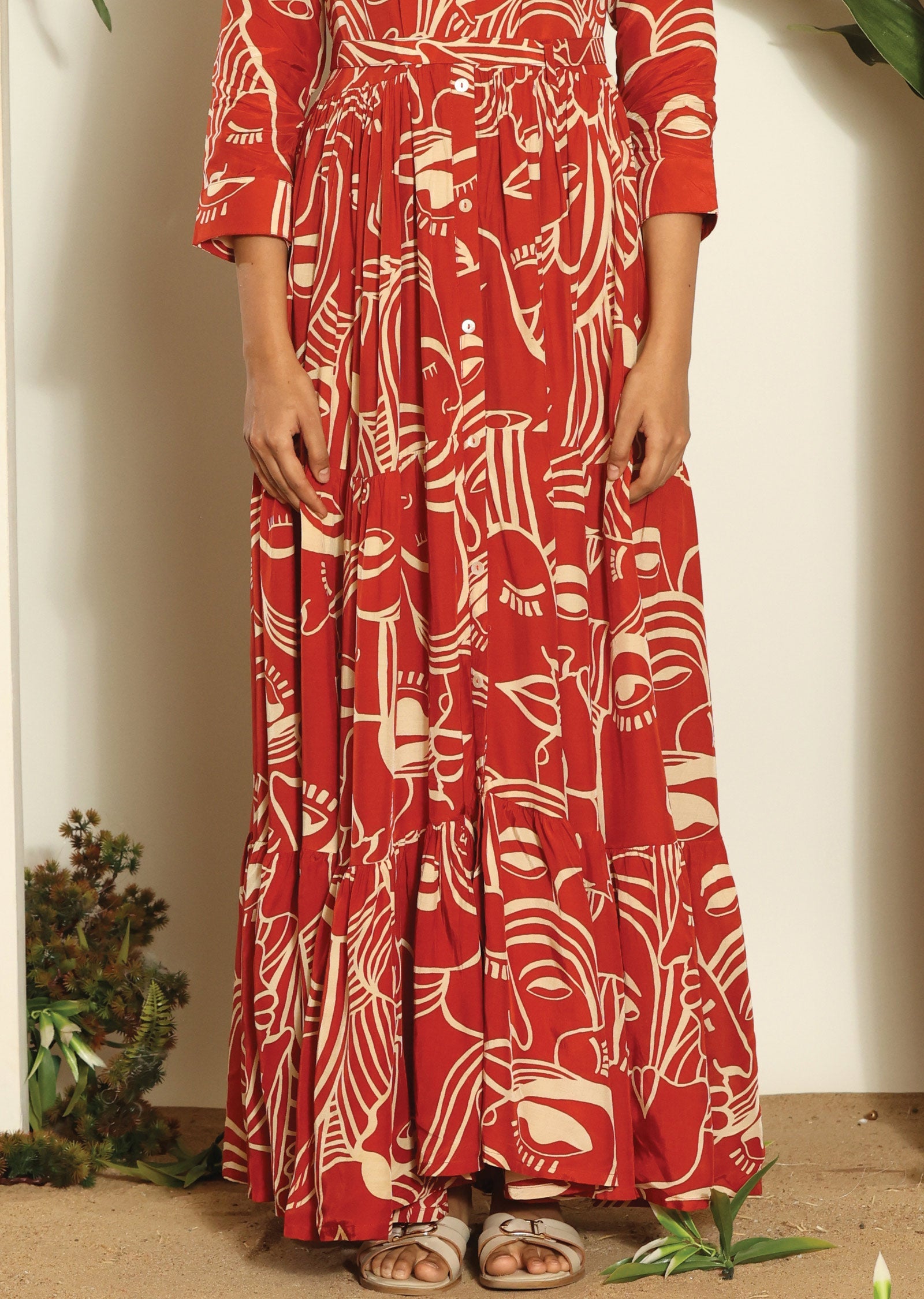 Rust & Beige Russian Silk Long Dress