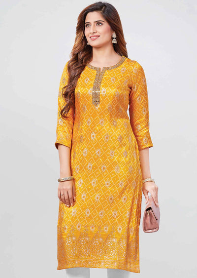 Yellow Banaras Printed Straight Cut Kurti
