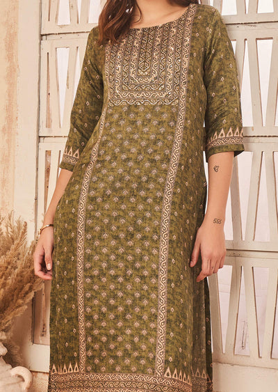 Olive Green Linen Satin Kurti Straight Cut