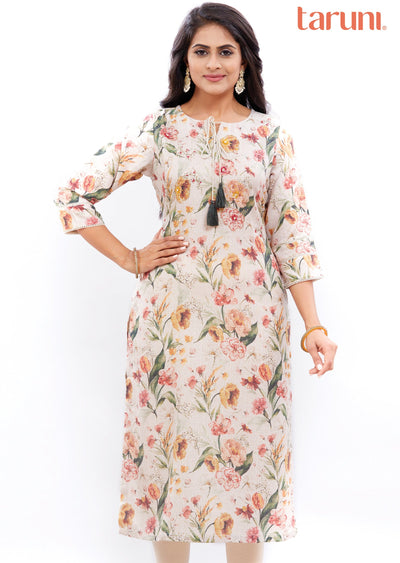 Beige Printed Linen Straight Cut Kurti with Zardosi Work