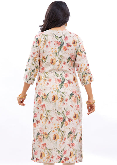 Beige Printed Linen Straight Cut Kurti with Zardosi Work