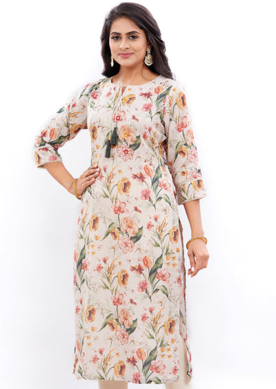 Beige Printed Linen Straight Cut Kurti with Zardosi Work