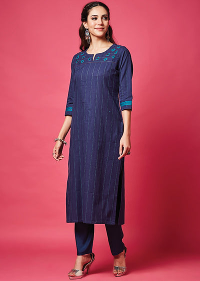 Navy Blue Cotton Straight Cut
