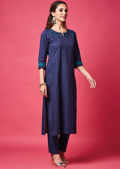 Navy Blue Cotton Straight Cut