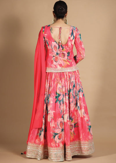 Pink Chinnon Lehenga Set with Cut Dana, Beads & Zari Work