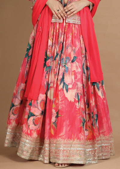 Pink Chinnon Lehenga Set with Cut Dana, Beads & Zari Work