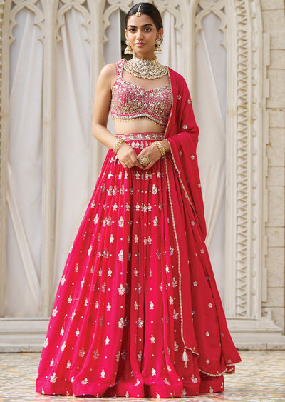 Rani Pink Net Georgette Lehenga Set with Zari & Mirror Work