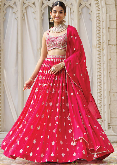 Rani Pink Net Georgette Lehenga Set with Zari & Mirror Work