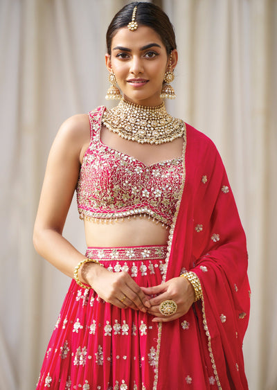 Rani Pink Net Georgette Lehenga Set with Zari & Mirror Work