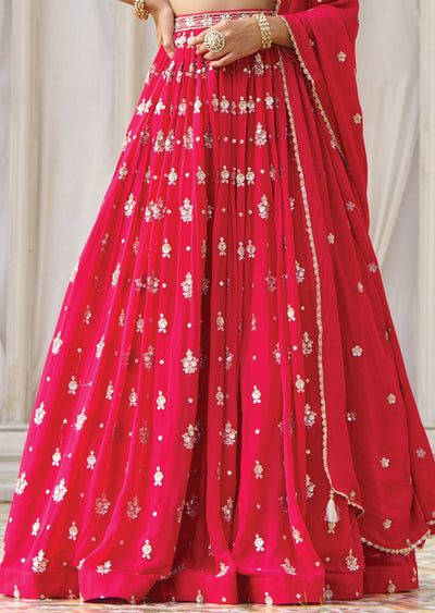 Rani Pink Net Georgette Lehenga Set with Zari & Mirror Work