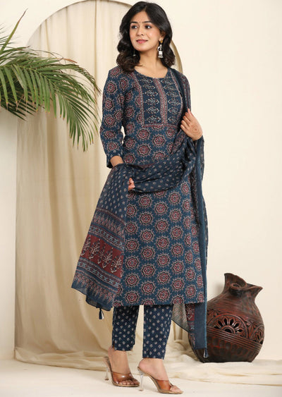Teal Blue Cotton Straight Cut Suit