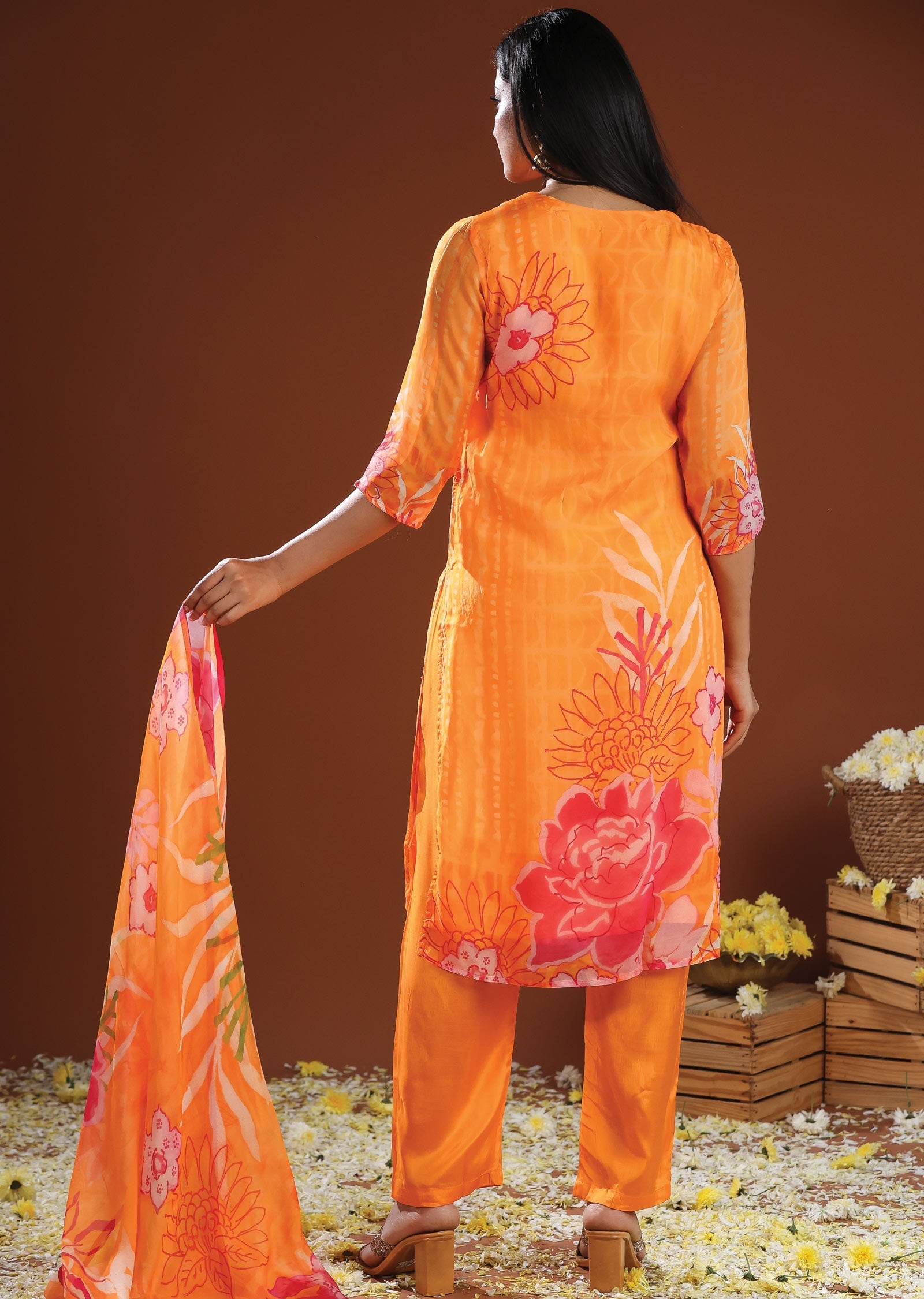 Orange Organza Straight Cut Suit