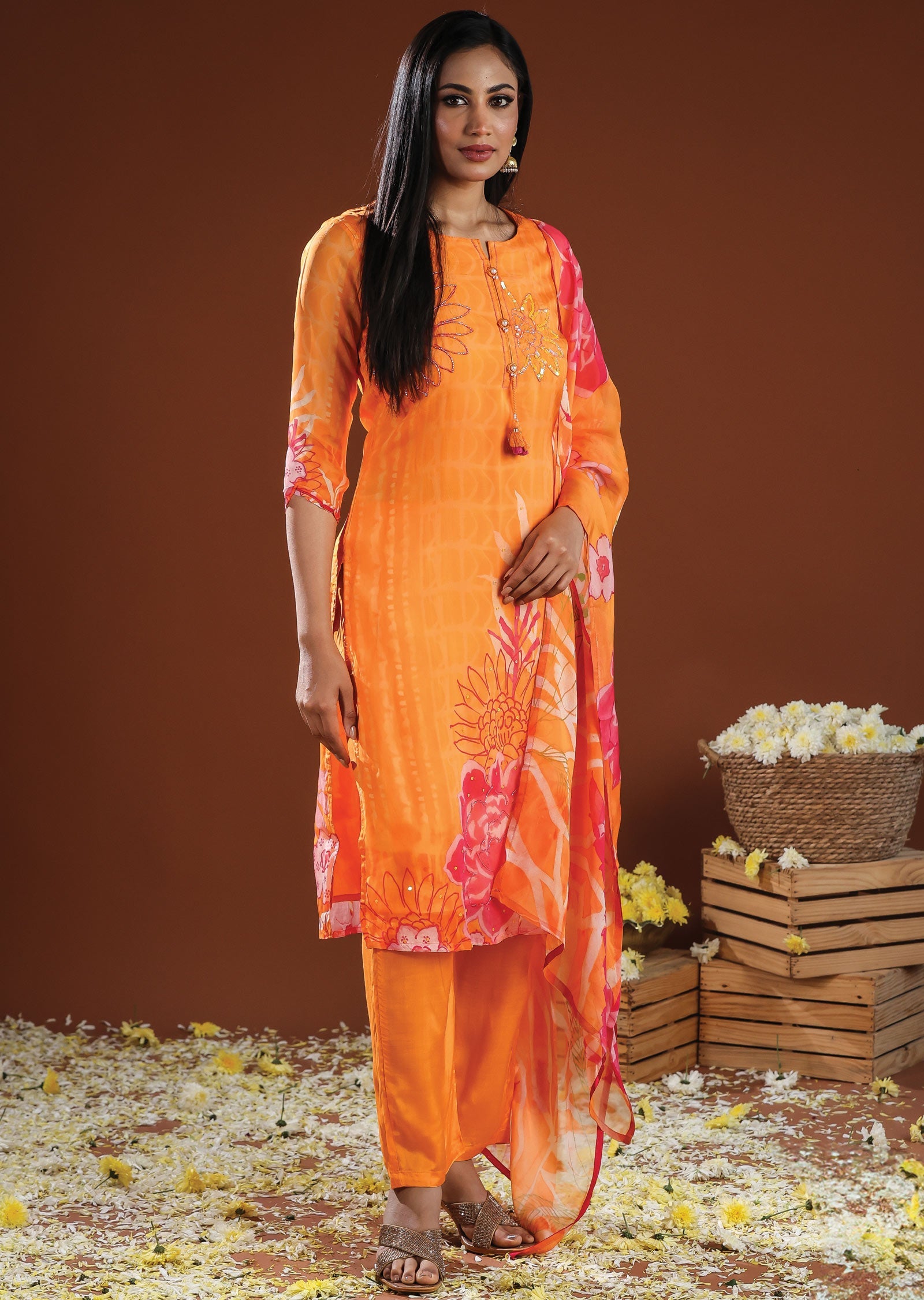 Orange Organza Straight Cut Suit