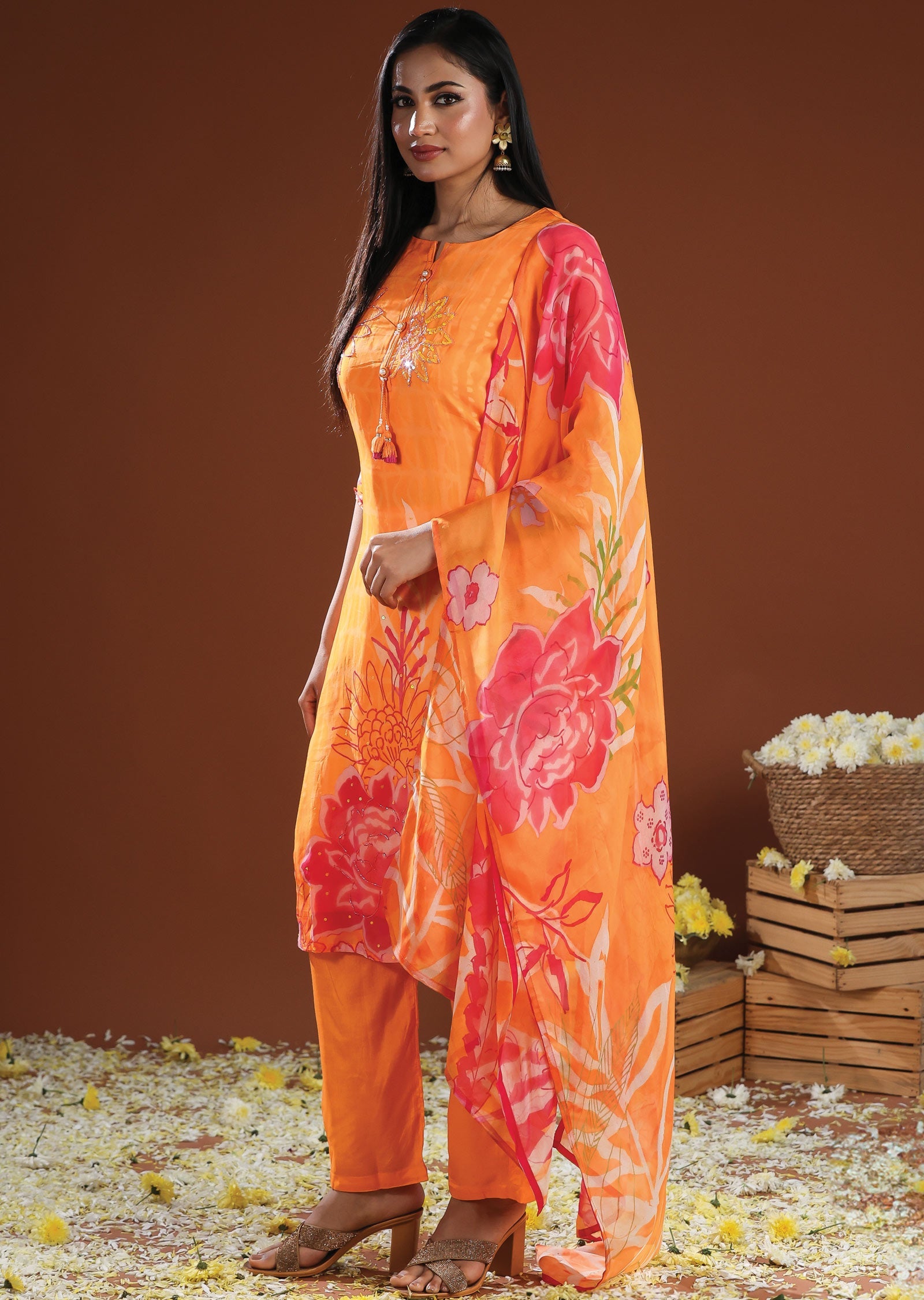 Orange Organza Straight Cut Suit