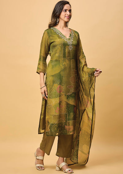 Mehendi Green Organza Straight Cut Suit