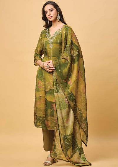 Mehendi Green Organza Straight Cut Suit