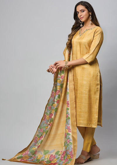 Mustard Tussar Silk Straight Cut Suit