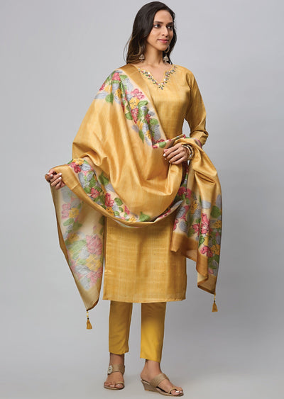 Mustard Tussar Silk Straight Cut Suit