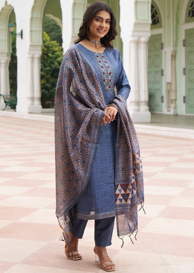 Greyish Blue Tussar Silk Straight Cut Suit