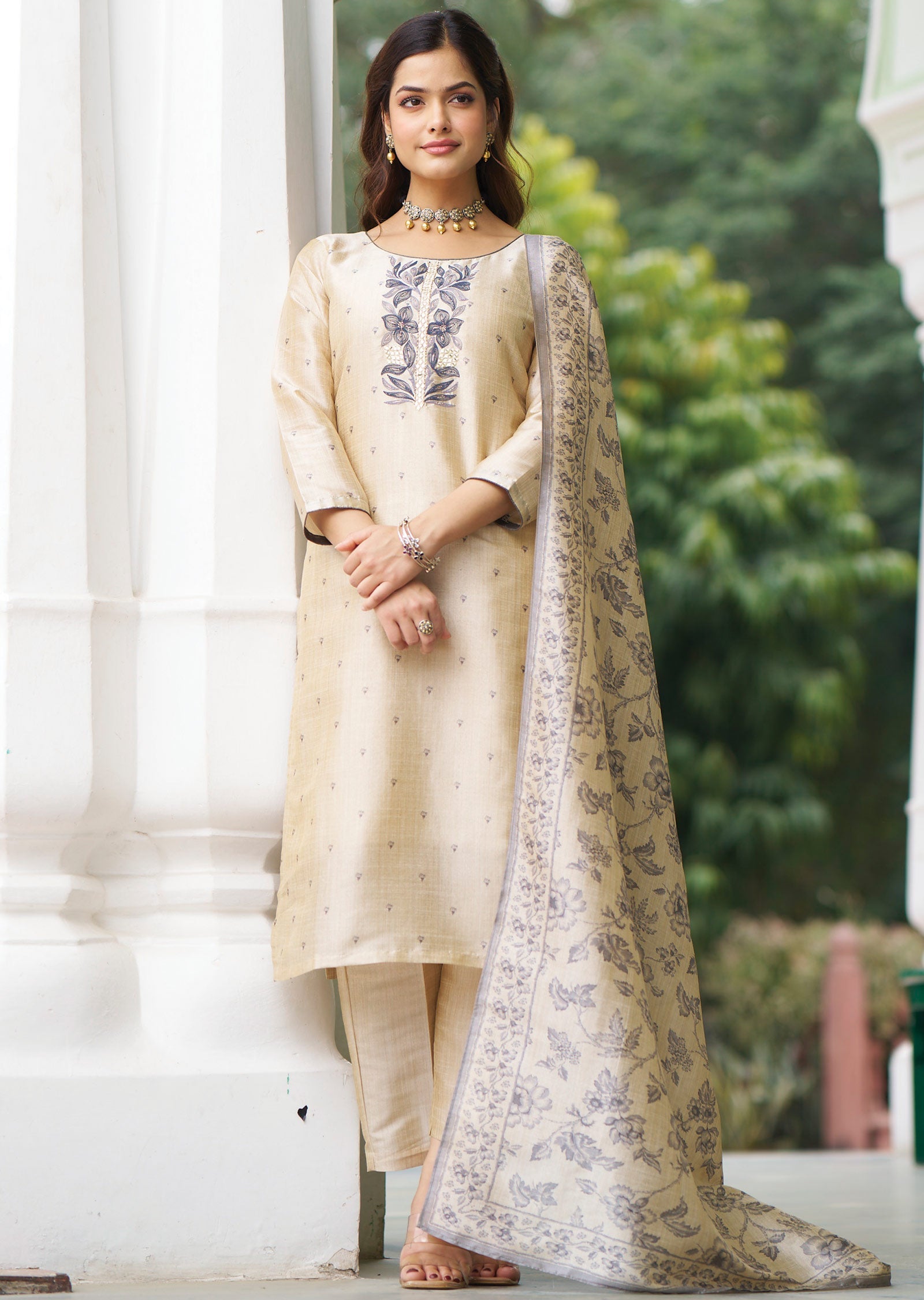 Beige Tussar Silk Straight Cut Suit