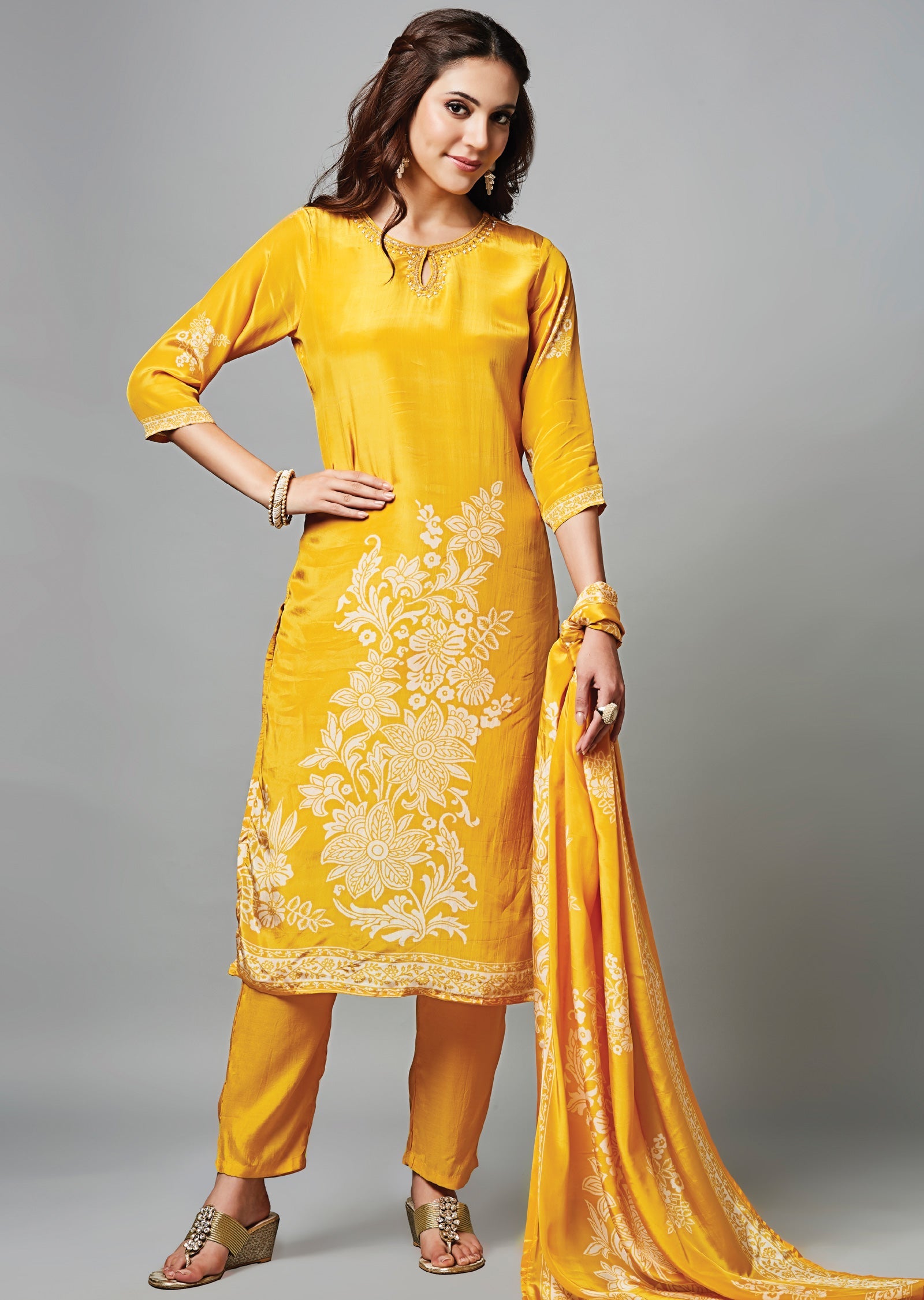 Yellow Crepe Straight Cut Suit