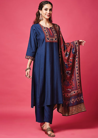 Navy Blue Soft Silk Straight Cut Suit
