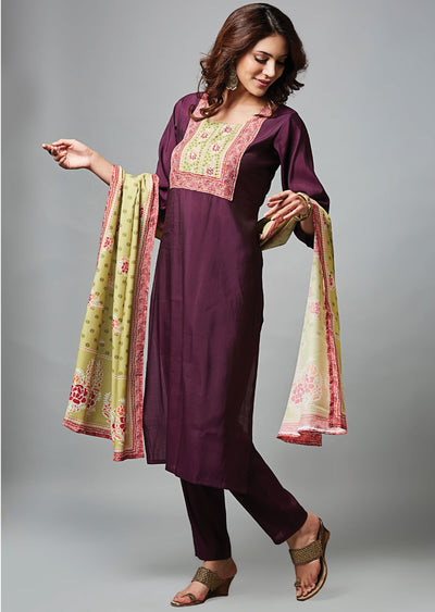 Wine Soft Silk Straight Cut Suit