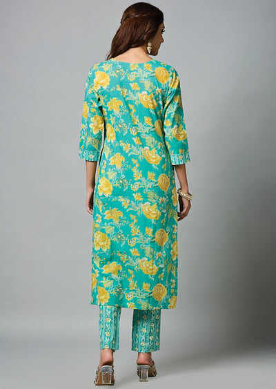 Sea Green Cotton Straight Cut Suit