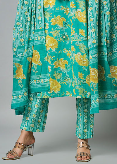 Sea Green Cotton Straight Cut Suit