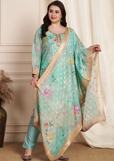 Sea Green Banaras Dola Silk Straight Cut Suit