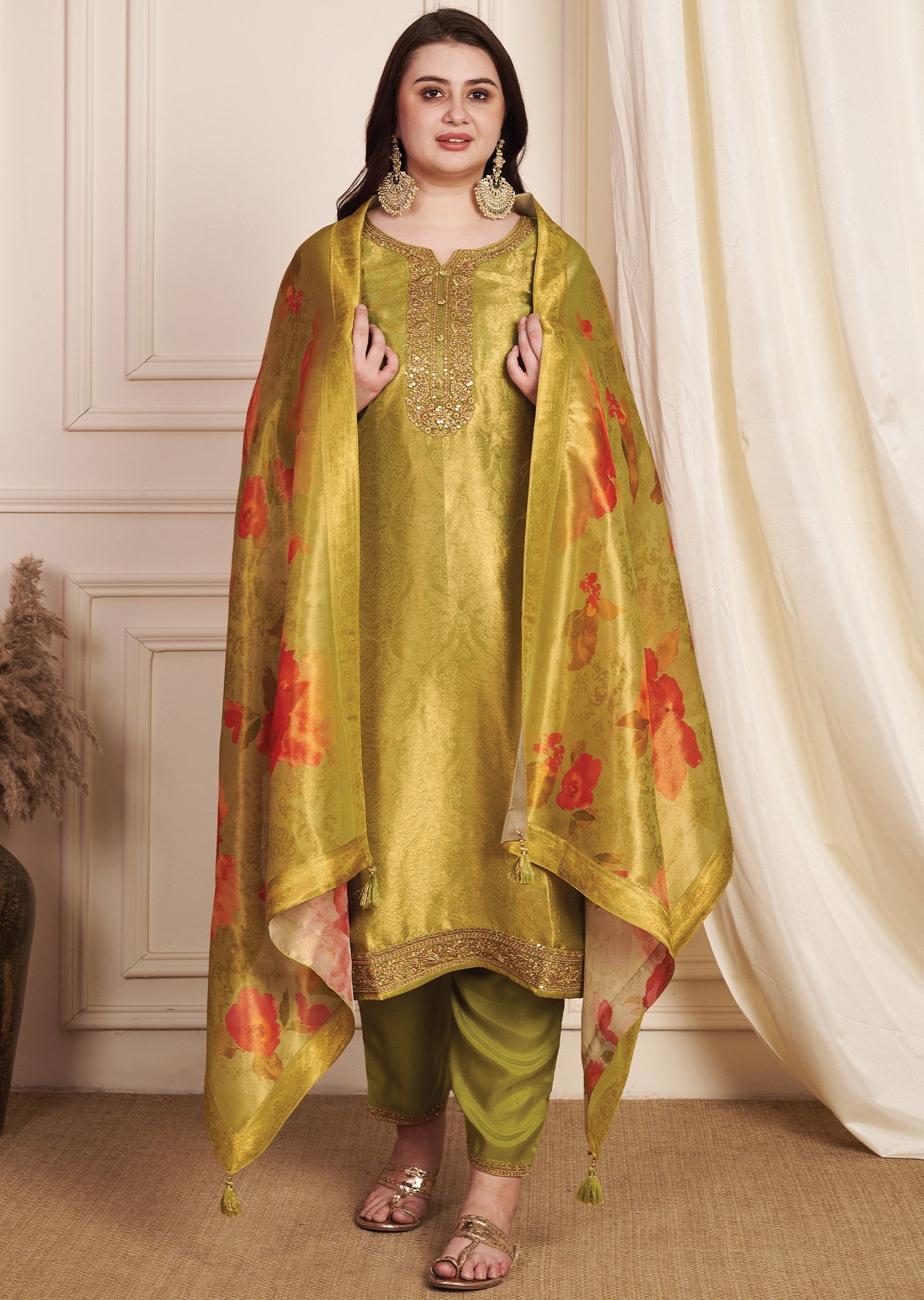 Mehendi Green Tissue Banaras Silk Straight Cut Suit