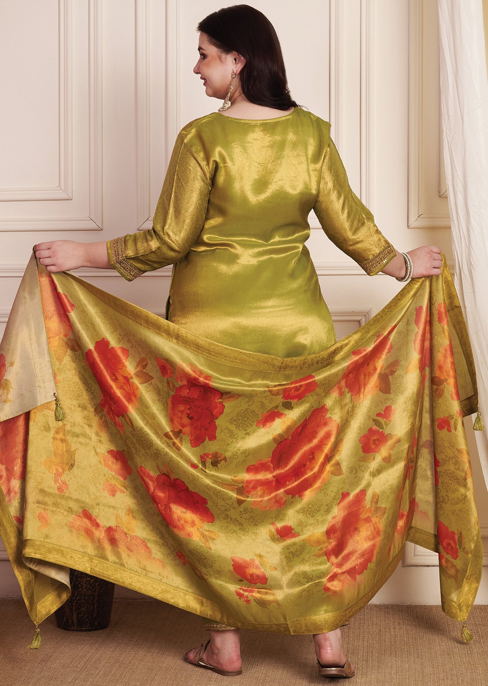 Mehendi Green Tissue Banaras Silk Straight Cut Suit