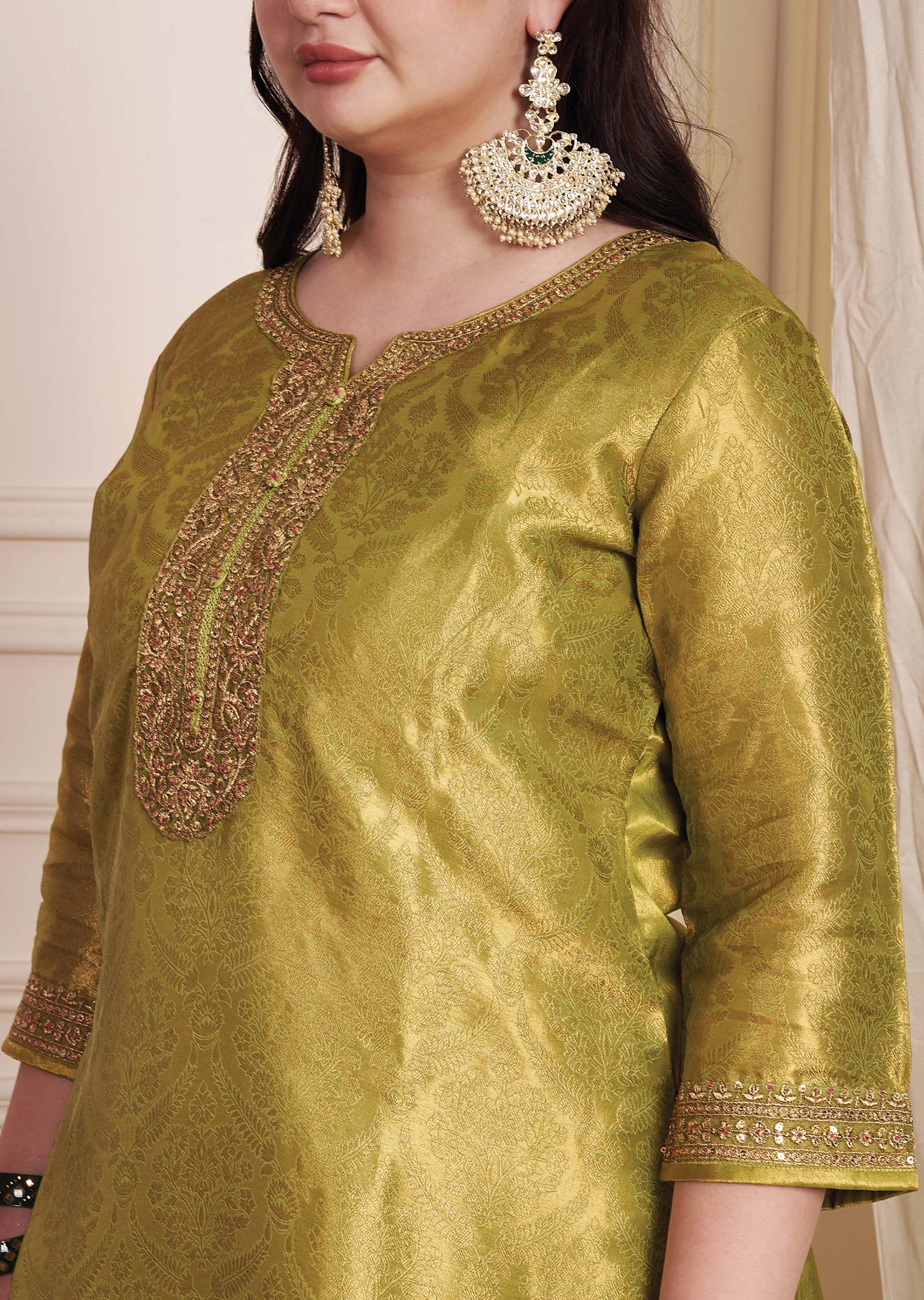 Mehendi Green Tissue Banaras Silk Straight Cut Suit