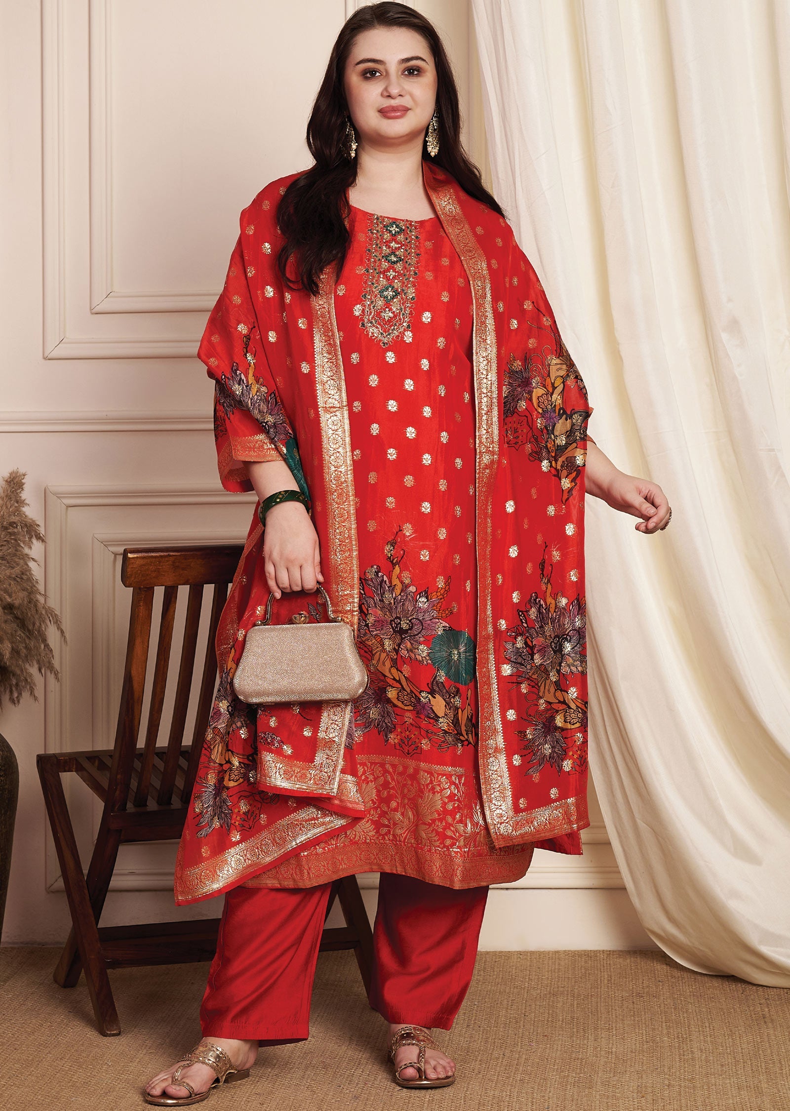Red Banarasi Organza Straight Cut Suit