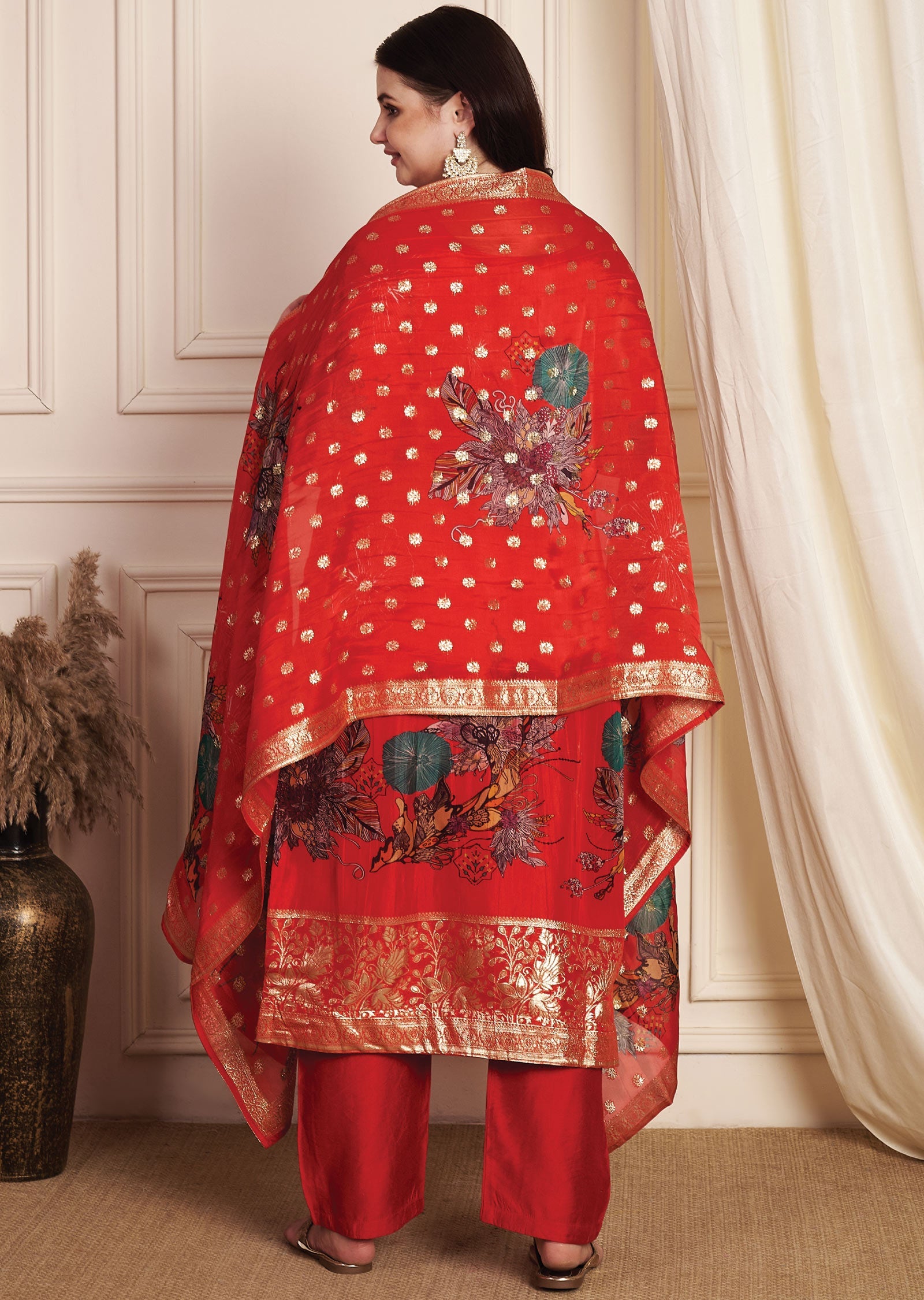 Red Banarasi Organza Straight Cut Suit