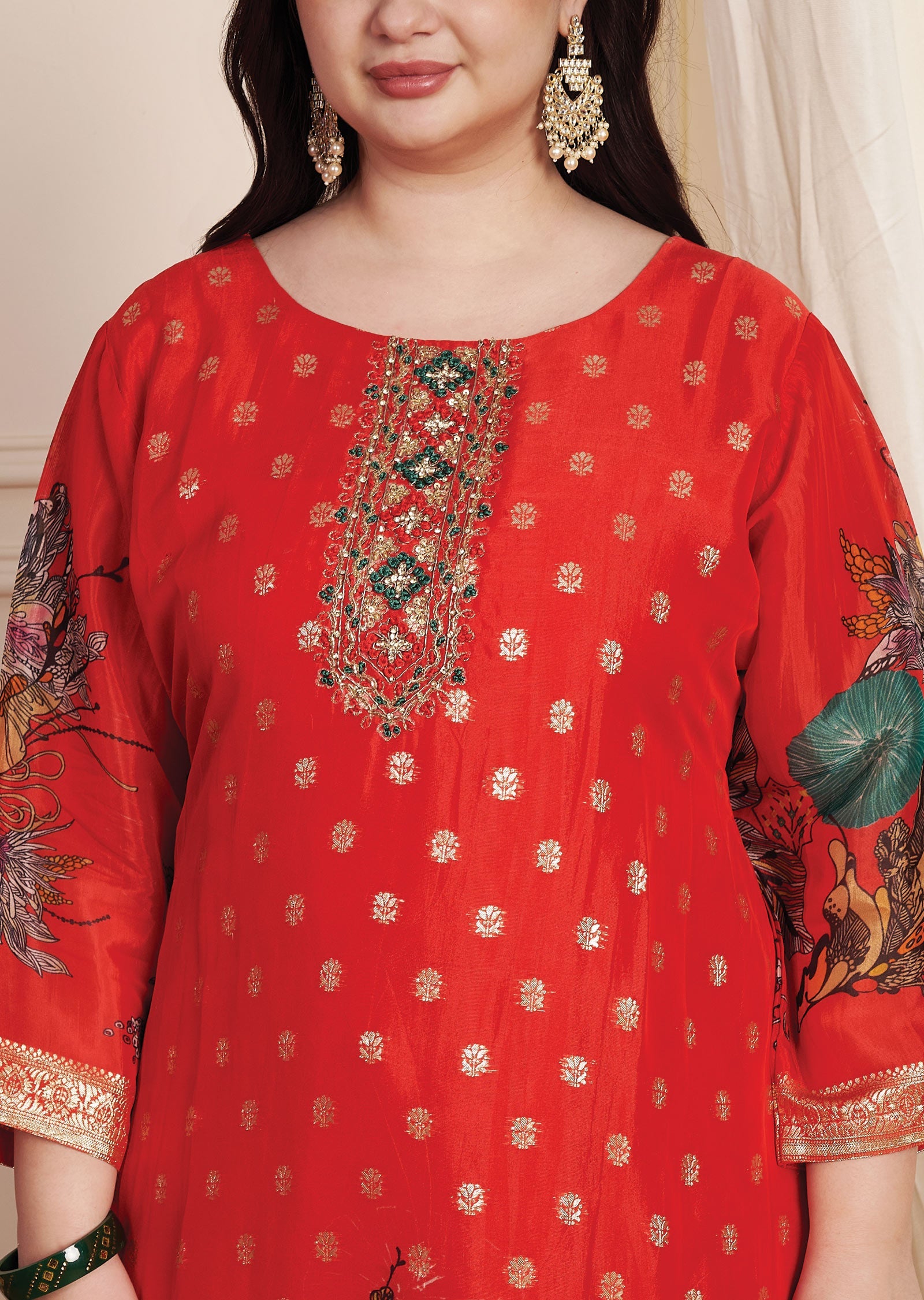 Red Banarasi Organza Straight Cut Suit