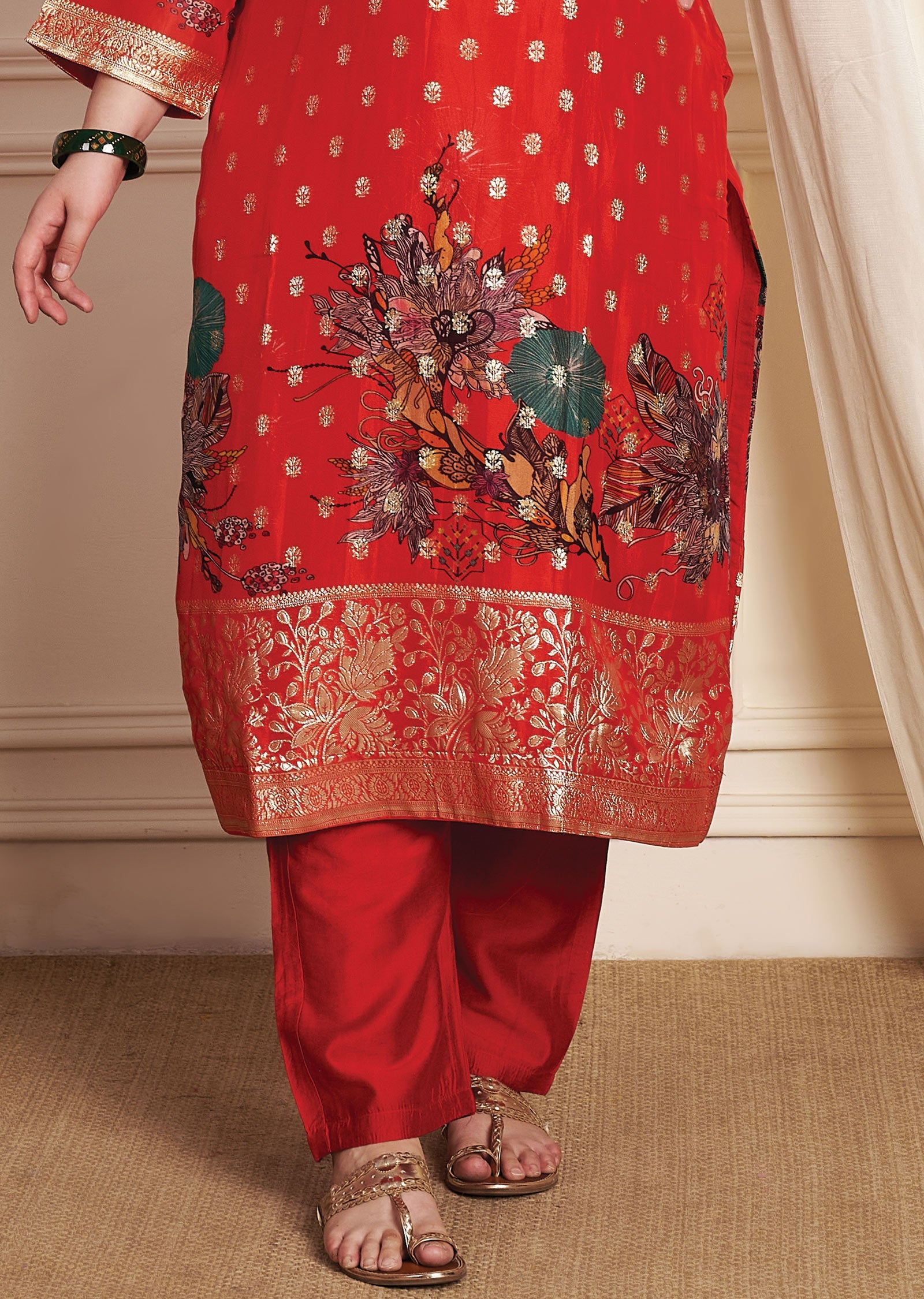 Red Banarasi Organza Straight Cut Suit