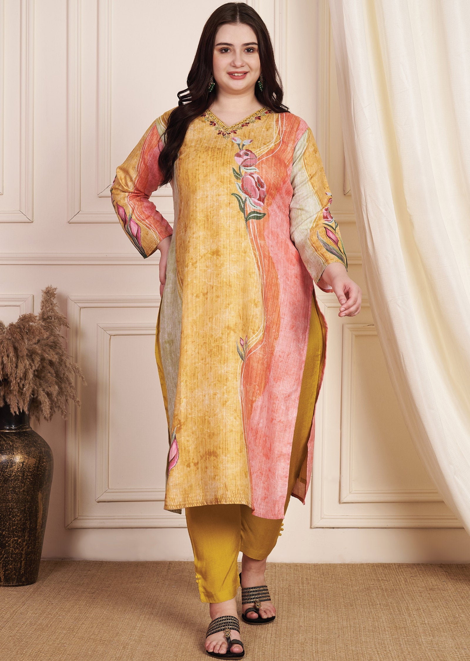 Multi Colour Linen Cotton Straight Cut Suit