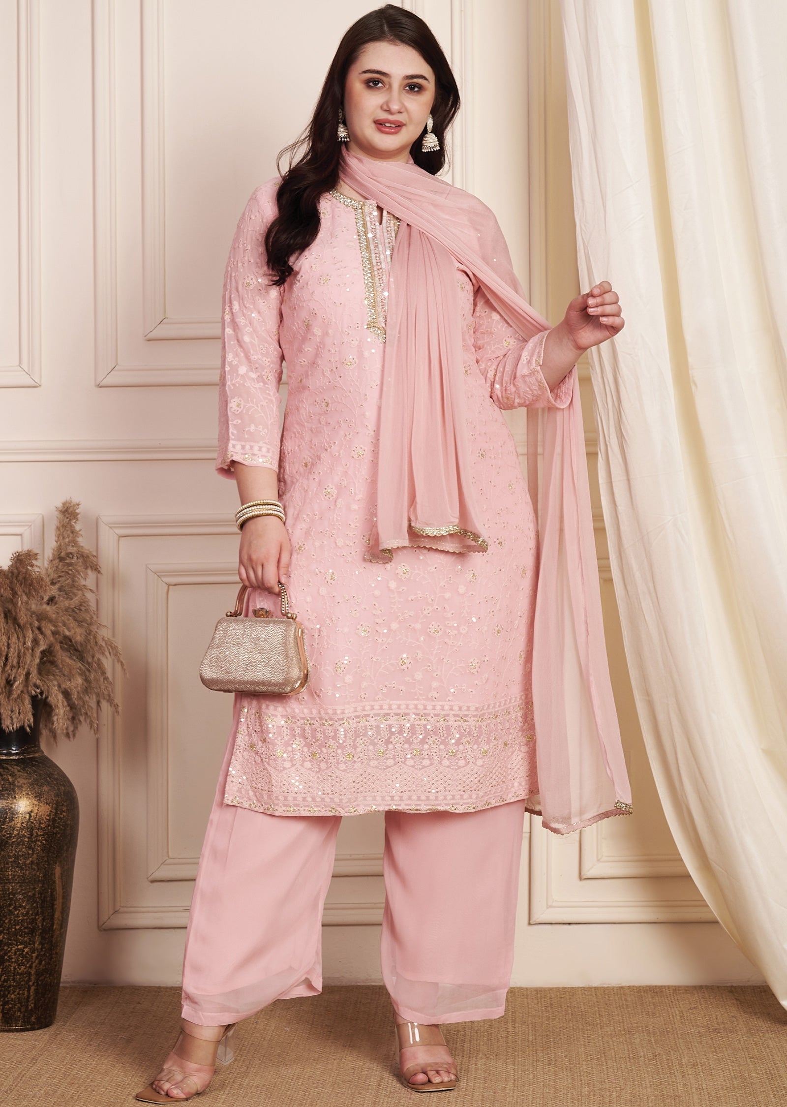 Dark Peach Georgette Straight Cut Suit