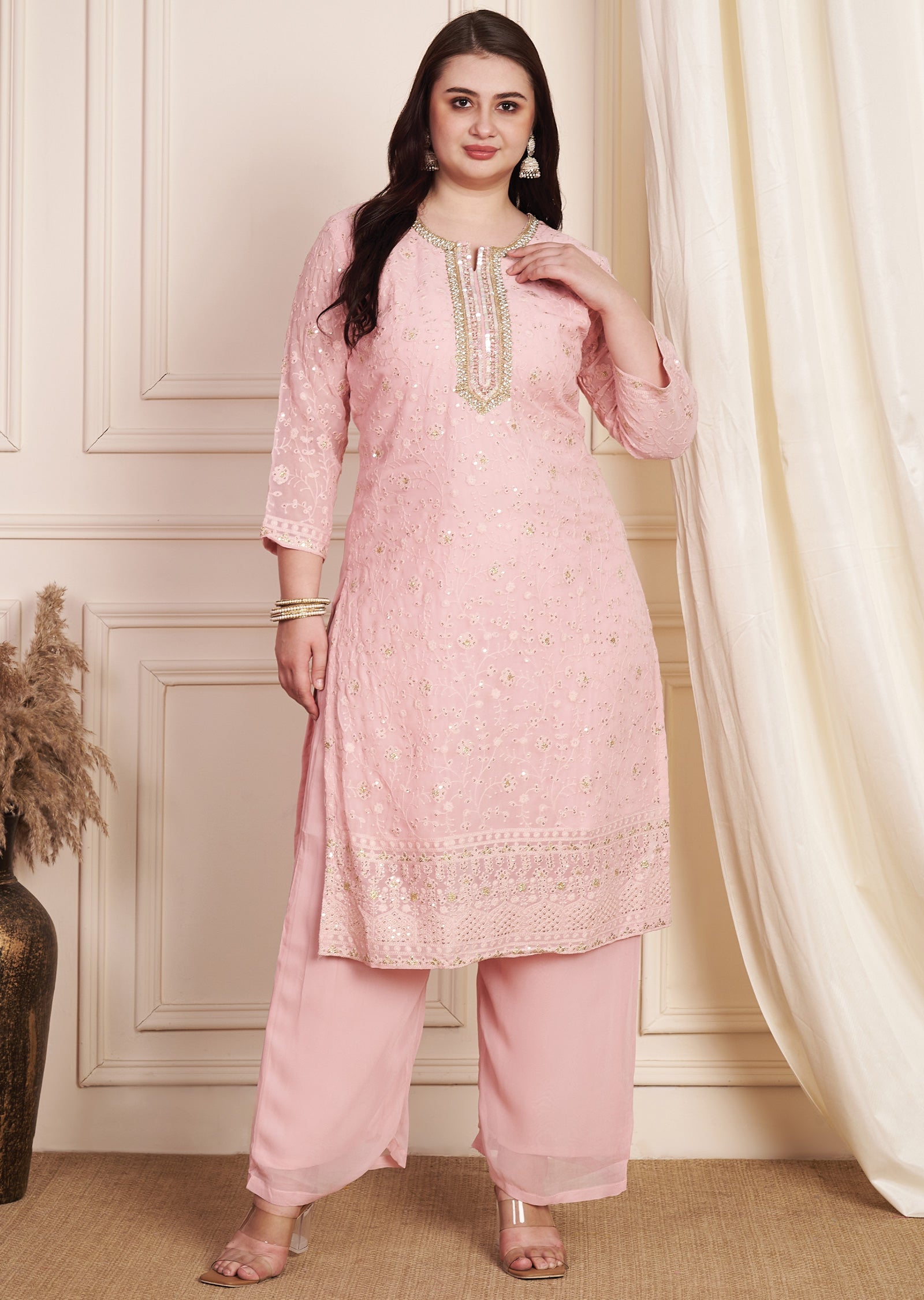 Dark Peach Georgette Straight Cut Suit