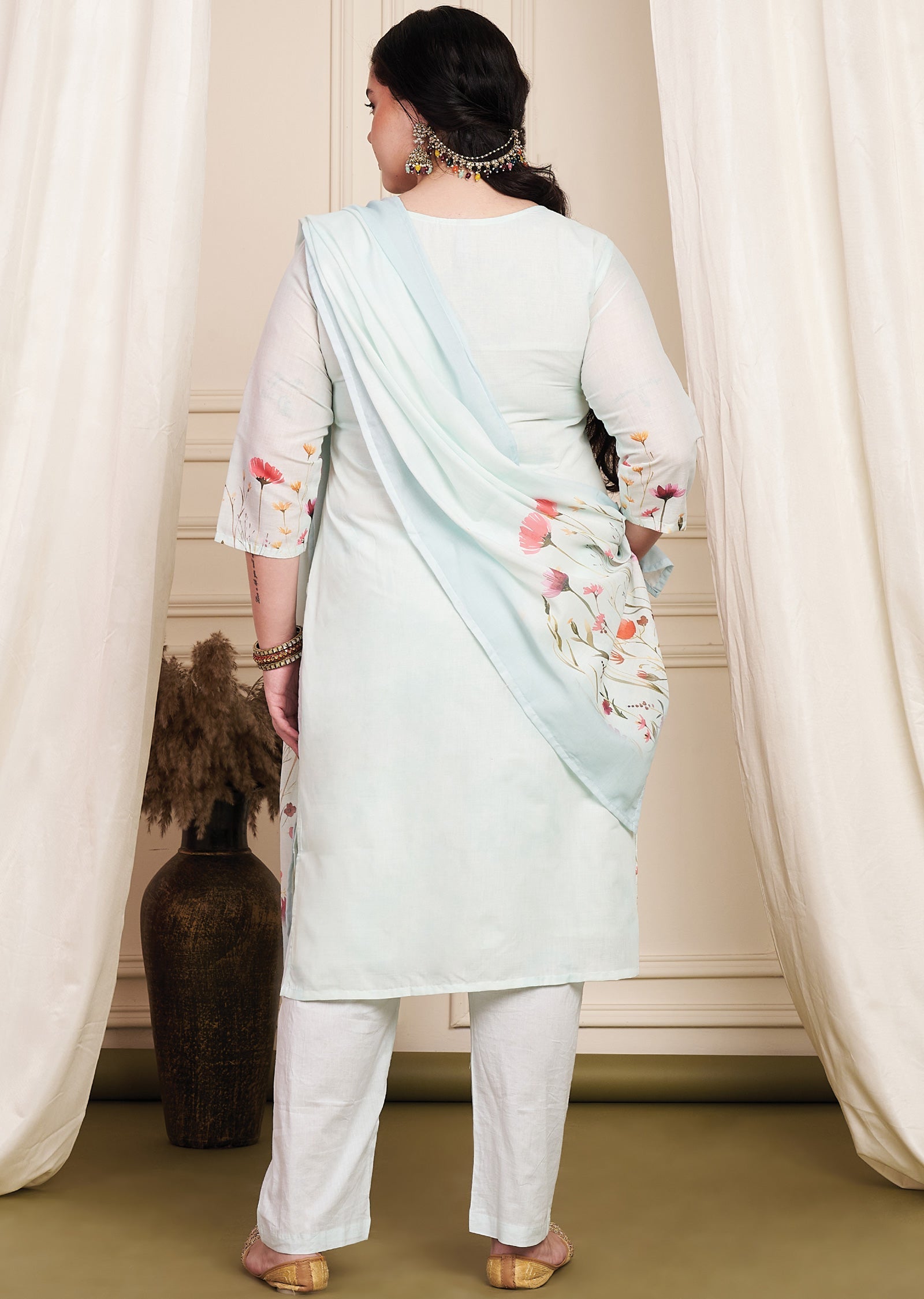 Light Sea Green Schiffli Cotton Straight Cut Suit