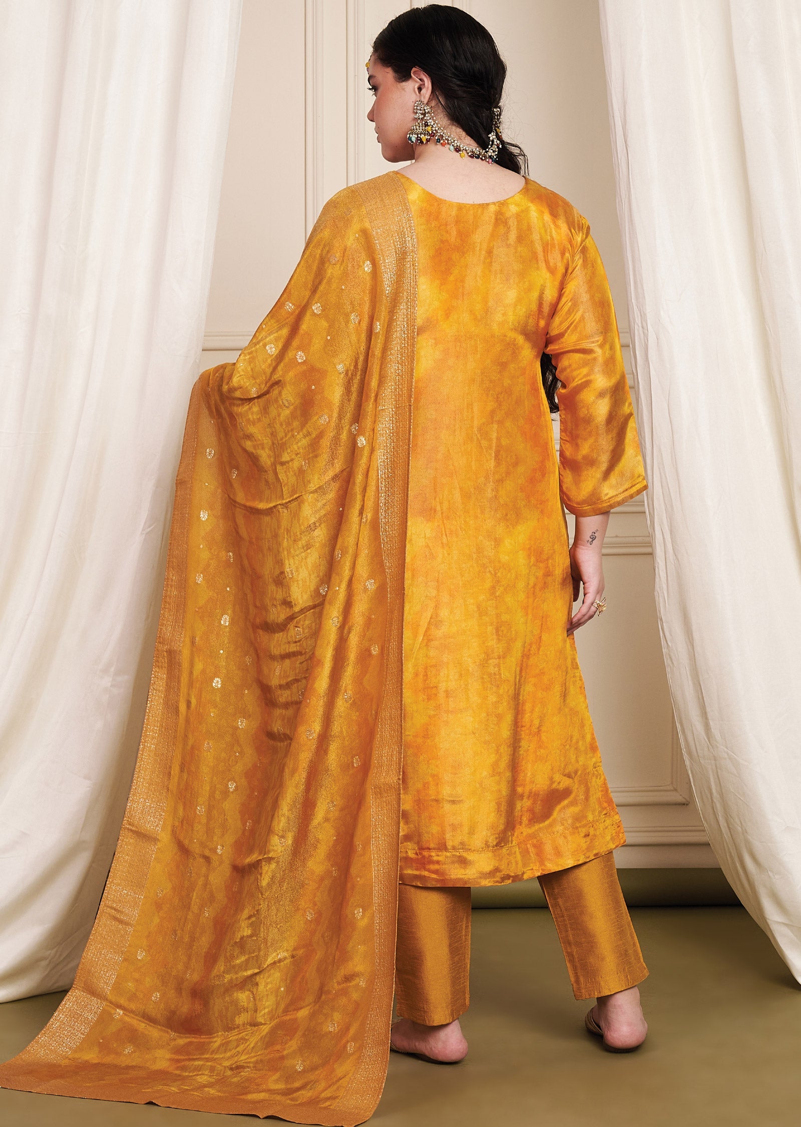 Orange Banaras Silk Straight Cut Suit