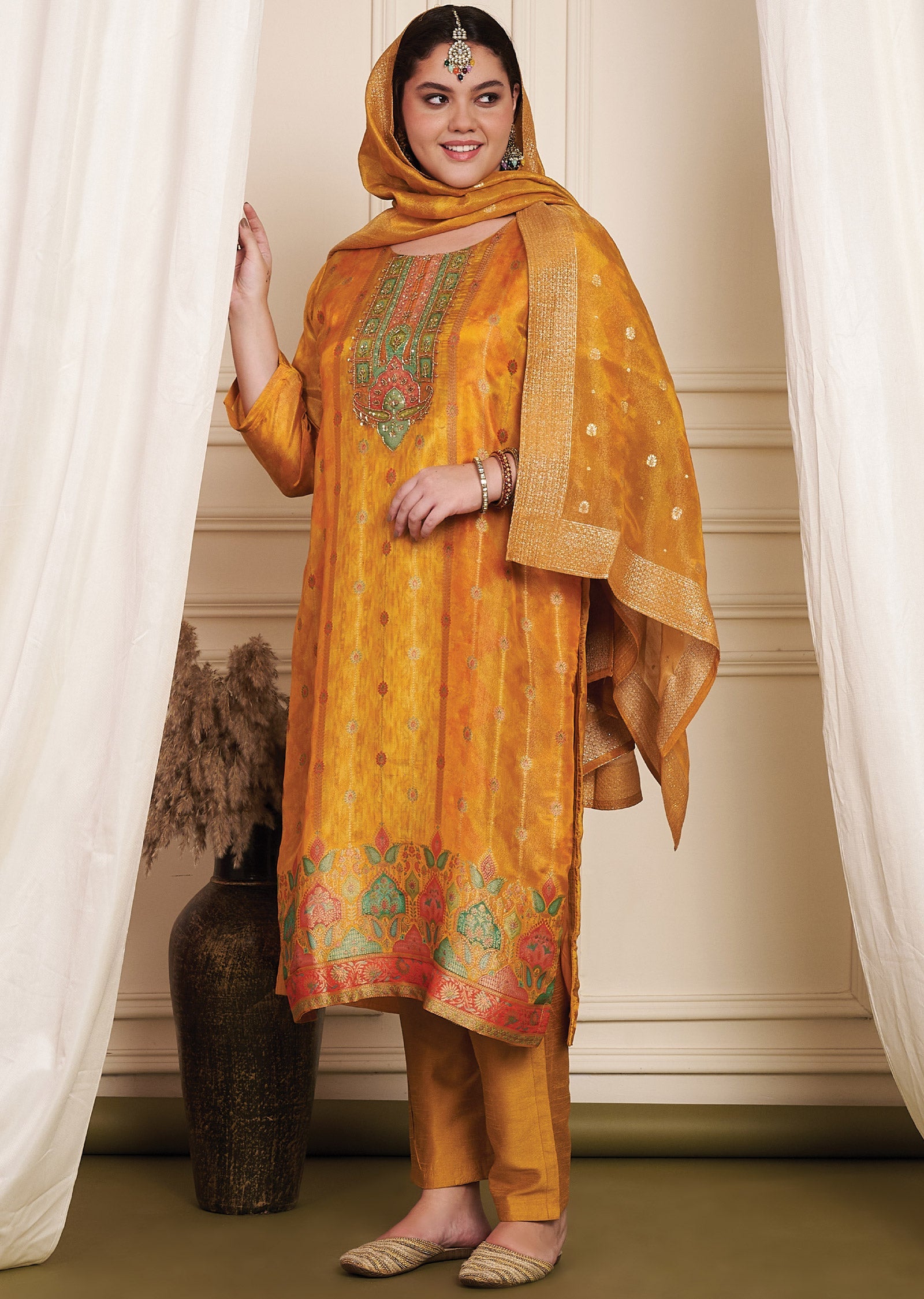 Orange Banaras Silk Straight Cut Suit