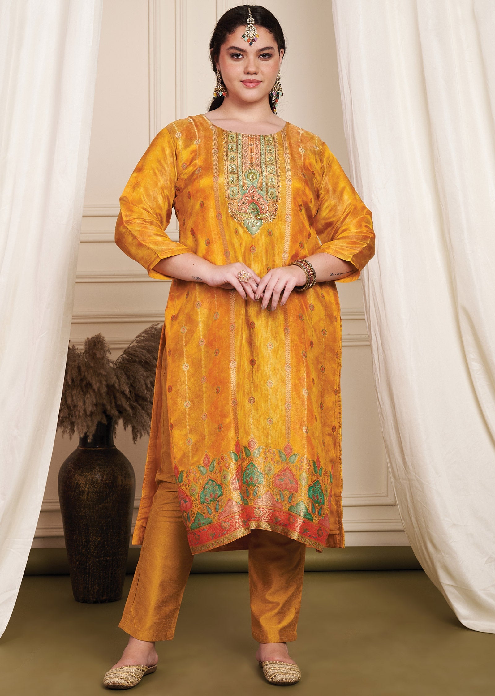 Orange Banaras Silk Straight Cut Suit