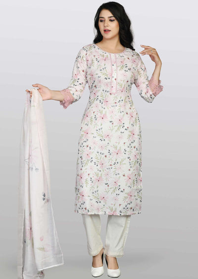 Light Beige Linen Cotton Embroidered Straight cut suits
