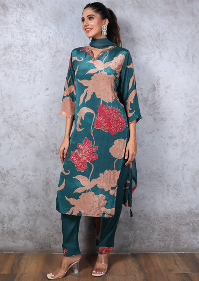Green Crepe Embroidered Straight cut suits